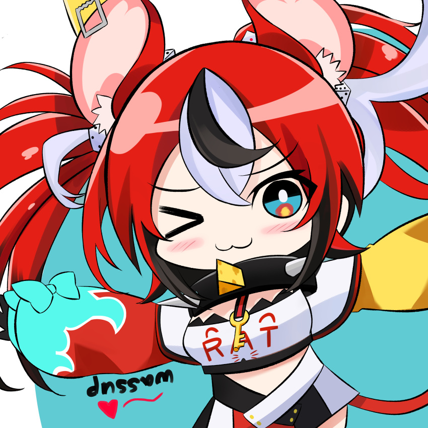 1girl ;3 absurdres animal_ear_fluff animal_ears arms_up asymmetrical_sleeves bangs black_hair blue_eyes cheese chibi collar crop_top dice_hair_ornament ear_piercing eyebrows_visible_through_hair fire flame_print food hair_between_eyes hair_ornament hakos_baelz heart highres hiroikara_(smhong04) hololive hololive_english key_necklace medium_hair mouse_ears mouse_girl mouse_tail multicolored multicolored_eyes multicolored_hair one_eye_closed piercing puffy_sleeves redhead short_twintails sidelocks simple_background solo spiked_collar spikes streaked_hair swiss_cheese tail twintails two-tone_background virtual_youtuber white_hair