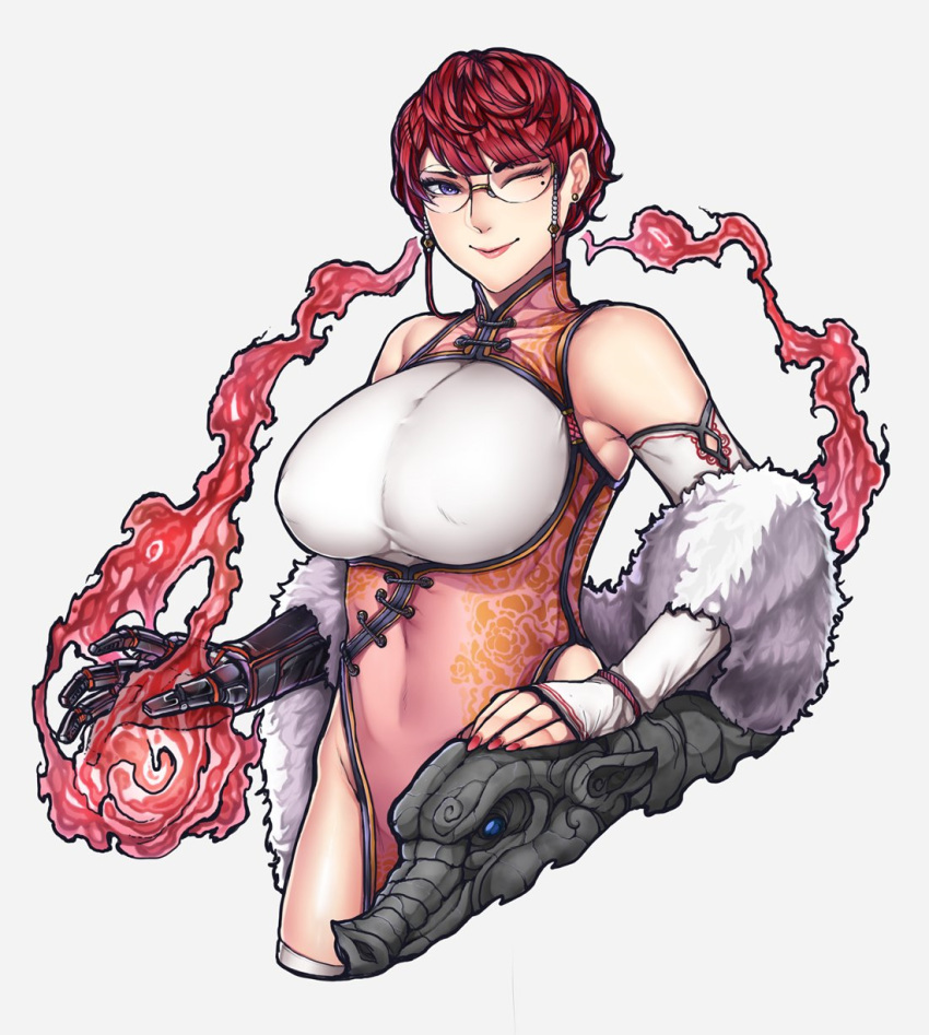 1girl bangs bare_shoulders breasts china_dress chinese_clothes closed_mouth commentary detached_sleeves dress earrings english_commentary feather_boa fire glasses highres jewelry large_breasts looking_at_viewer mole mole_under_eye nattapuumuu one_eye_closed original prosthesis prosthetic_arm red_nails redhead short_hair simple_background smile solo violet_eyes