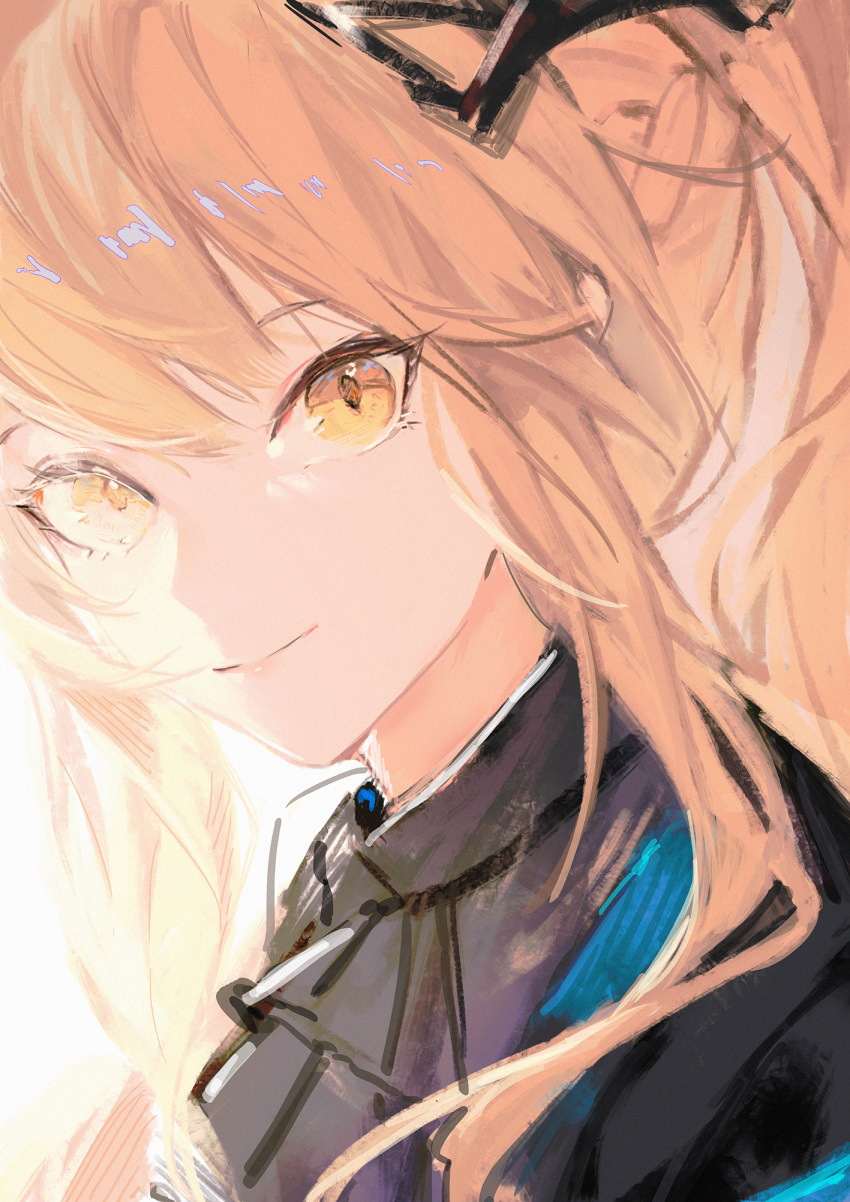 1girl arknights ascot black_neckwear blemishine_(arknights) blemishine_(moon_catastrborn)_(arknights) blonde_hair closed_mouth fanshu highres light long_hair looking_at_viewer official_alternate_costume ponytail portrait sidelocks simple_background smile solo white_background yellow_eyes