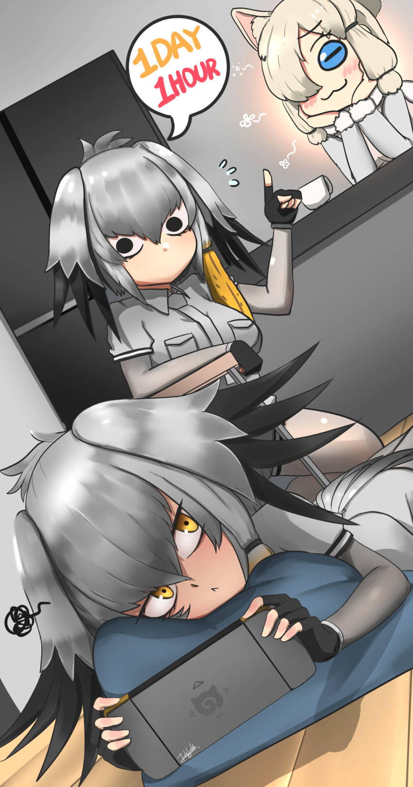 3girls :&lt; :3 absurdres alpaca_suri_(kemono_friends) bangs blonde_hair commentary dual_persona dutch_angle english_commentary english_text fingerless_gloves gloves grey_hair hair_between_eyes hair_over_one_eye head_rest highres indoors john_(a2556349) kemono_friends multiple_girls no_mouth pillow shoebill_(kemono_friends) speech_bubble squiggle yellow_eyes