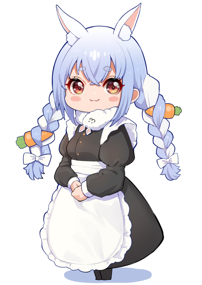 1girl alternate_costume animal_ears apron black_dress black_legwear blue_hair blush blush_stickers braid bunny-shaped_pupils don-chan_(usada_pekora) dress enmaided full_body highres hololive juliet_sleeves long_dress long_hair long_sleeves looking_at_viewer maid maid_apron mikan_(chipstar182) multicolored_hair own_hands_together pantyhose puffy_sleeves rabbit_ears red_eyes simple_background smile solo standing symbol-shaped_pupils twin_braids two-tone_hair usada_pekora white_apron white_background