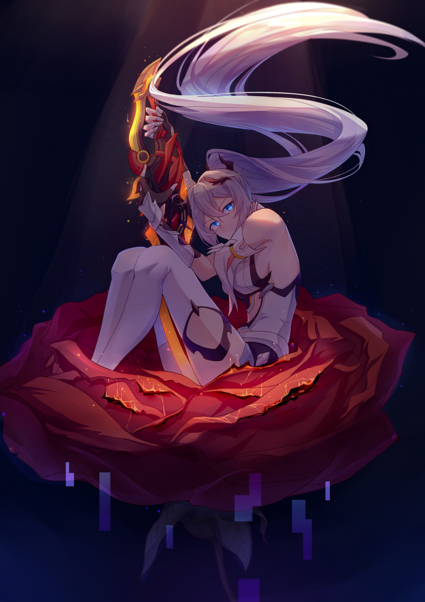 1girl absurdres armor bangs bare_shoulders blue_eyes boots earrings flower full_body gauntlets hair_between_eyes hair_ornament highres holding holding_sword holding_weapon honkai_(series) honkai_impact_3rd jewelry kalianabokalisi kiana_kaslana kiana_kaslana_(herrscher_of_flamescion) long_hair looking_at_viewer ponytail red_flower red_rose rose sitting solo sword thigh-highs thigh_boots weapon white_footwear white_hair