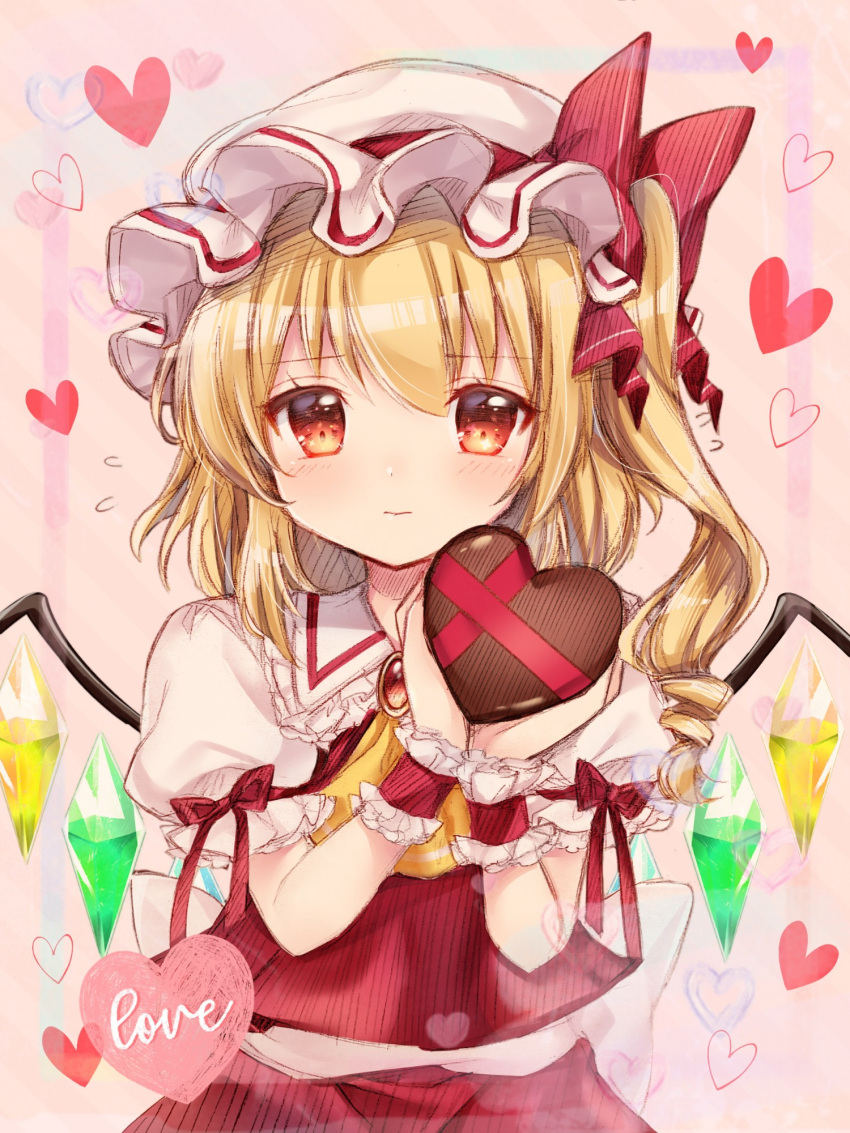 1girl ascot bangs blonde_hair blush bow box brooch closed_mouth commentary_request crystal drill_hair eyebrows_visible_through_hair flandre_scarlet flying_sweatdrops frilled_shirt_collar frills hair_between_eyes hair_bow hands_up hat heart heart-shaped_box highres holding holding_box jewelry looking_at_viewer medium_hair mob_cap nagisa_shizuku nervous one_side_up pink_background puffy_short_sleeves puffy_sleeves red_bow red_eyes red_skirt red_vest short_sleeves simple_background skirt solo touhou upper_body vest white_headwear wings wrist_cuffs yellow_neckwear