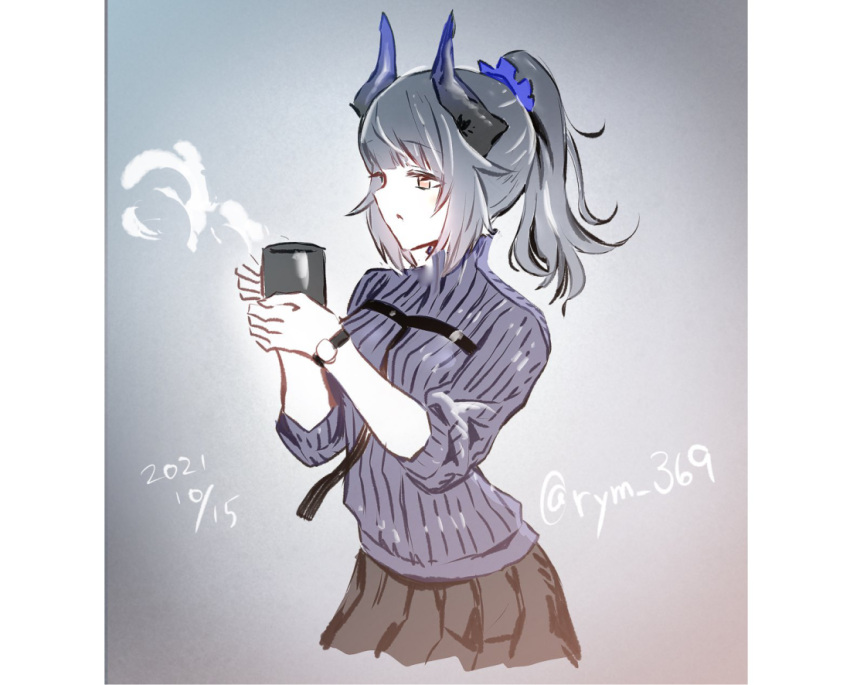 1girl alternate_costume arknights artist_name bangs black_skirt blowing blunt_bangs brown_eyes coffee_mug commentary_request cowboy_shot cup dated dragon_horns eyebrows_visible_through_hair grey_sweater holding holding_cup horns liskarm_(arknights) long_sleeves mug pleated_skirt ryoma_(rym_369) short_hair short_ponytail sidelocks silver_hair skirt solo steam sweater twitter_username watch watch