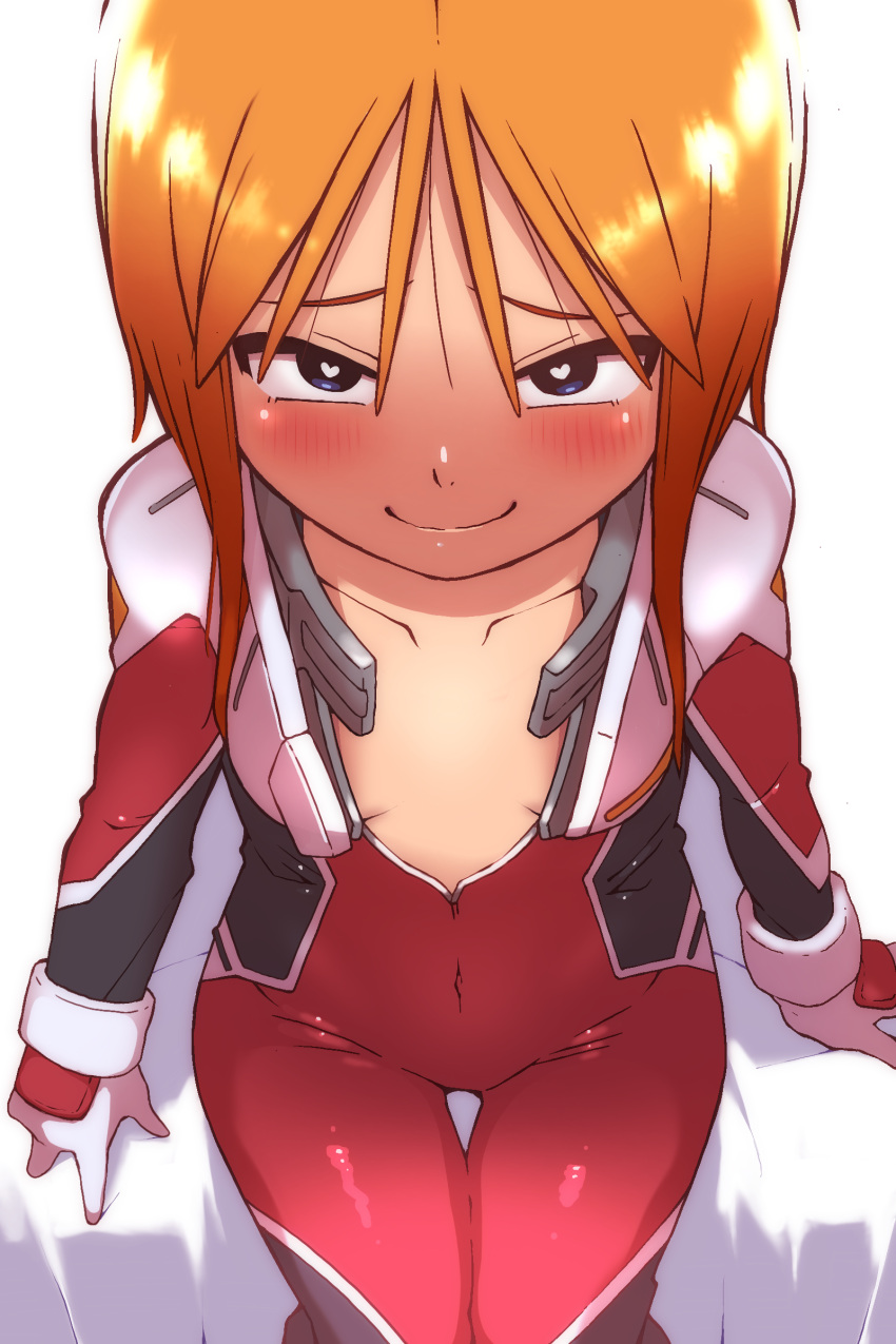 1girl absurdres blue_eyes blush collarbone covered_navel from_above gundam gundam_zz hair_between_eyes happy heart heart-shaped_pupils highres looking_at_viewer lppletwo no_bra open_clothes orange_hair pilot_suit puru_two shiny shiny_hair sidelocks sitting smile solo symbol-shaped_pupils