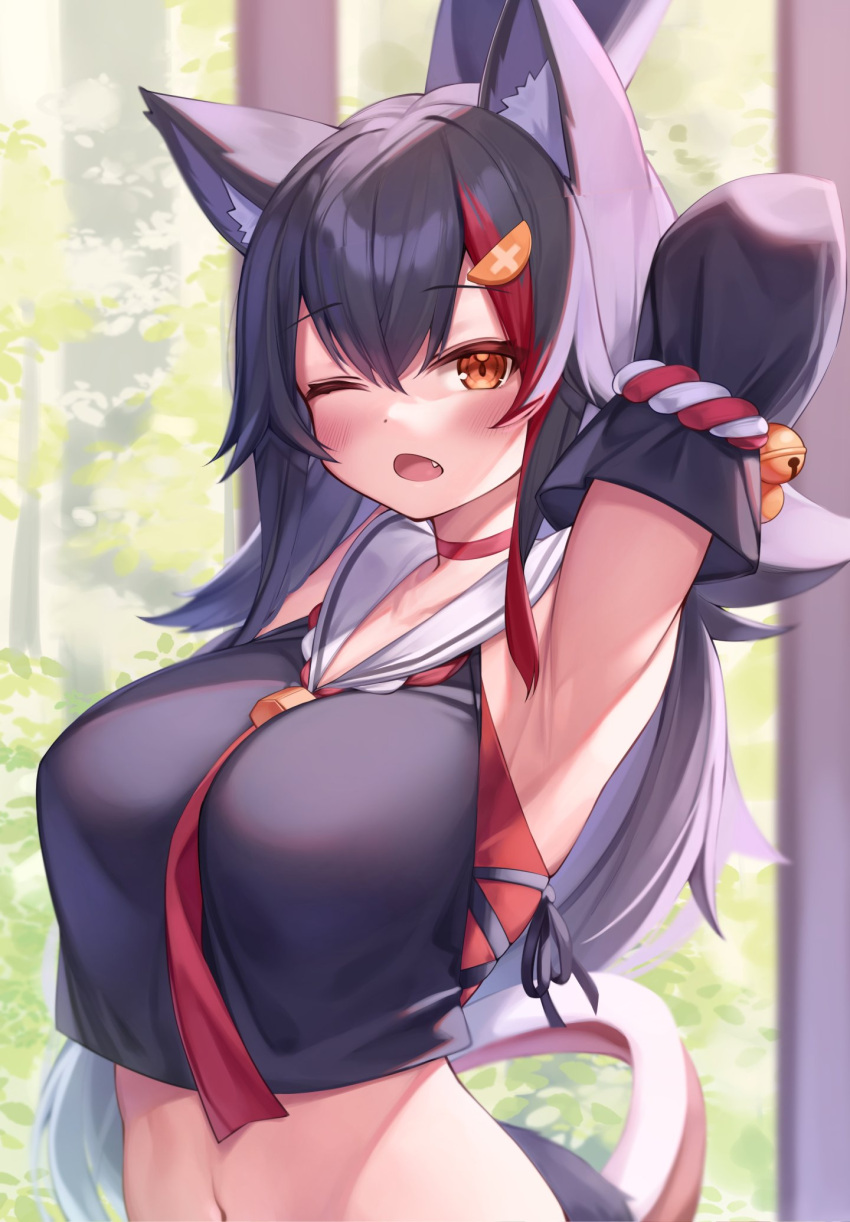 1girl animal_ear_fluff animal_ears arm_behind_head armpits arms_up bangs between_breasts black_hair blush breasts crop_top deaver fang hair_ornament highres hololive large_breasts long_hair looking_at_viewer midriff multicolored_hair navel necktie necktie_between_breasts one_eye_closed ookami_mio open_mouth red_eyes redhead sailor_collar short_necktie solo streaked_hair upper_body virtual_youtuber wolf_ears wolf_girl