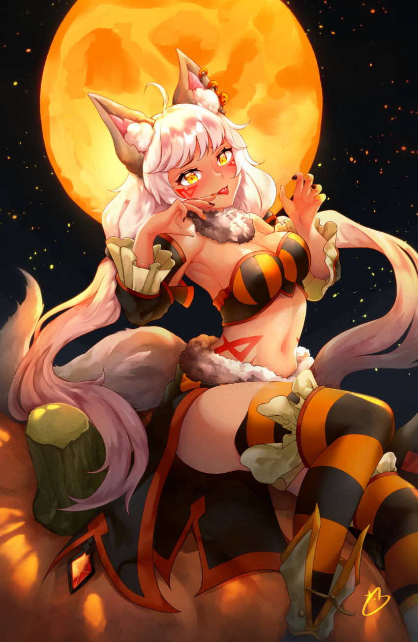 1girl absurdres ahoge alternate_costume animal_ears breadthree breasts guardian_tales halloween highres ice_witch_lupina long_hair looking_at_viewer medium_breasts multicolored multicolored_clothes multicolored_legwear night night_sky pumpkin sitting sky sleeveless tail tattoo twintails white_hair wolf_ears wolf_girl wolf_tail yellow_eyes
