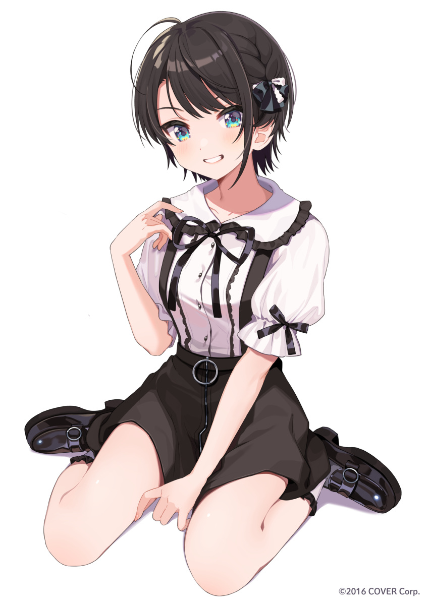 1girl ahoge asymmetrical_hair bangs between_legs black_footwear black_hair black_neckwear black_skirt blue_eyes blush braid breasts commentary french_braid frills full_body grin hair_ribbon hand_between_legs highres hololive loafers looking_at_viewer medium_breasts miniskirt neck_ribbon official_art oozora_subaru ribbon shigure_ui shirt shirt_tucked_in shoes short_hair short_sleeves simple_background single_braid sitting skirt smile solo swept_bangs teeth virtual_youtuber wariza watermark white_background white_shirt zipper_skirt