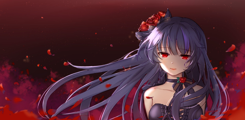 1girl bangs black_dress choker closed_mouth dress flower fufumi hair_flower hair_ornament highres honkai_(series) honkai_impact_3rd long_hair looking_at_viewer petals purple_hair raiden_mei red_background red_eyes red_flower red_rose rose sleeveless sleeveless_dress smile solo