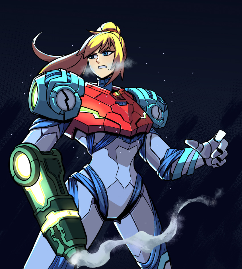 1girl absurdres aneurysm_ax arm_cannon armor bangs blonde_hair blue_eyes glowing gun helmet highres long_hair looking_at_viewer metroid metroid_dread mole mole_under_mouth ponytail power_armor power_suit samus_aran science_fiction sidelocks simple_background solo upper_body visor weapon