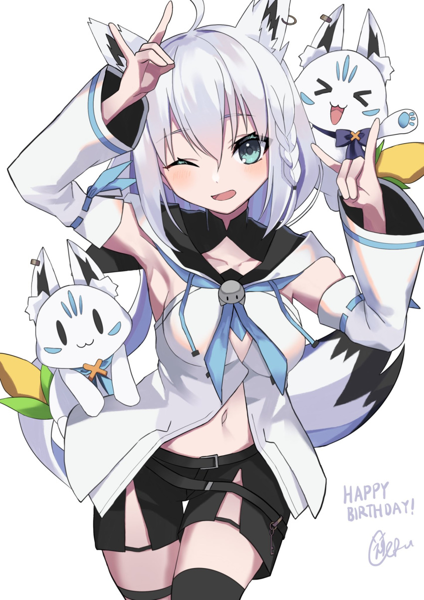 &gt;_&lt; 1girl :3 ahoge animal_ear_fluff animal_ears armpits arms_up bangs black_shorts blue_neckwear blush braid breasts commentary_request detached_sleeves double_fox_shadow_puppet earrings esu_3101 eyebrows_visible_through_hair fox_ears fox_girl fox_shadow_puppet fox_tail green_eyes hair_between_eyes happy_birthday highres hololive hood hoodie jewelry long_hair looking_at_viewer medium_breasts midriff navel neckerchief one_eye_closed open_mouth shirakami_fubuki short_shorts shorts sidelocks simple_background single_braid single_thighhigh sukonbu_(shirakami_fubuki) tail thigh-highs thigh_strap virtual_youtuber white_background white_hair white_hoodie