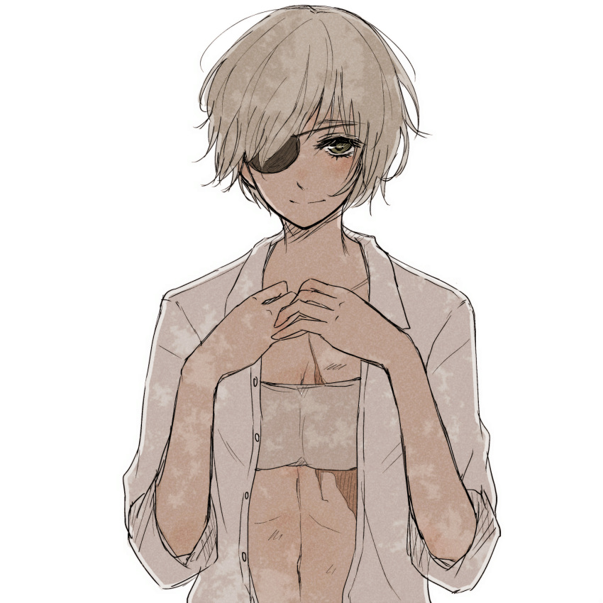 1girl bangs black_eyepatch blush bra closed_mouth collarbone collared_shirt eyepatch flat_chest grey_background grey_bra grey_shirt hands_up highres long_sleeves looking_at_viewer mutsuki_tooru navel open_clothes open_shirt shirt short_hair simple_background sketch smile solo tokyo_ghoul tokyo_ghoul:re toukaairab underwear upper_body
