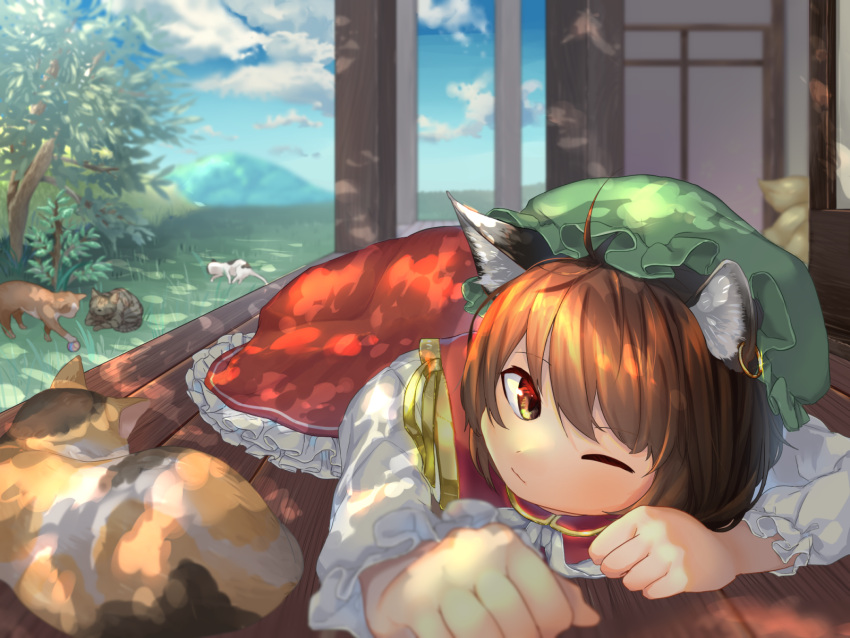 1girl ahoge animal animal_ear_fluff animal_ears bangs blue_sky brown_eyes brown_hair calico cat cat_ears cat_tail chen closed_mouth clouds cloudy_sky dappled_sunlight dress earrings frilled_dress frills highres jewelry long_sleeves looking_at_viewer lying one_eye_closed red_dress shadow single_earring sky sunlight tail touhou wankosoba white_sleeves wooden_floor