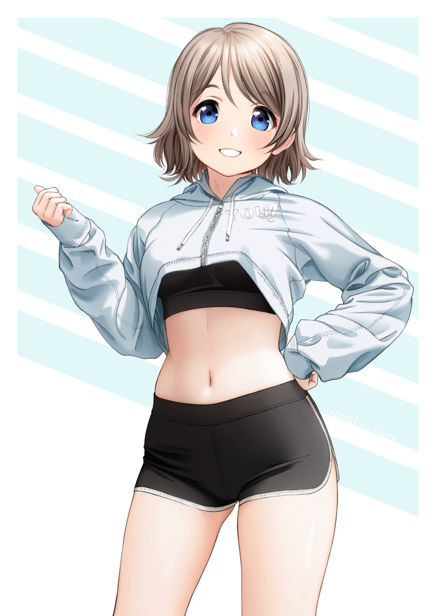 1girl alternate_costume ass_visible_through_thighs black_bra black_shorts blue_eyes blue_hoodie blush bra breasts brown_hair character_name contrapposto cowboy_shot crop_top crop_top_overhang cropped_hoodie grin hair_between_eyes hand_on_hip highres hood hoodie looking_at_viewer love_live! love_live!_sunshine!! medium_breasts medium_hair midriff navel short_shorts shorts smile solo sports_bra striped striped_background tareme underwear watanabe_you yonsi