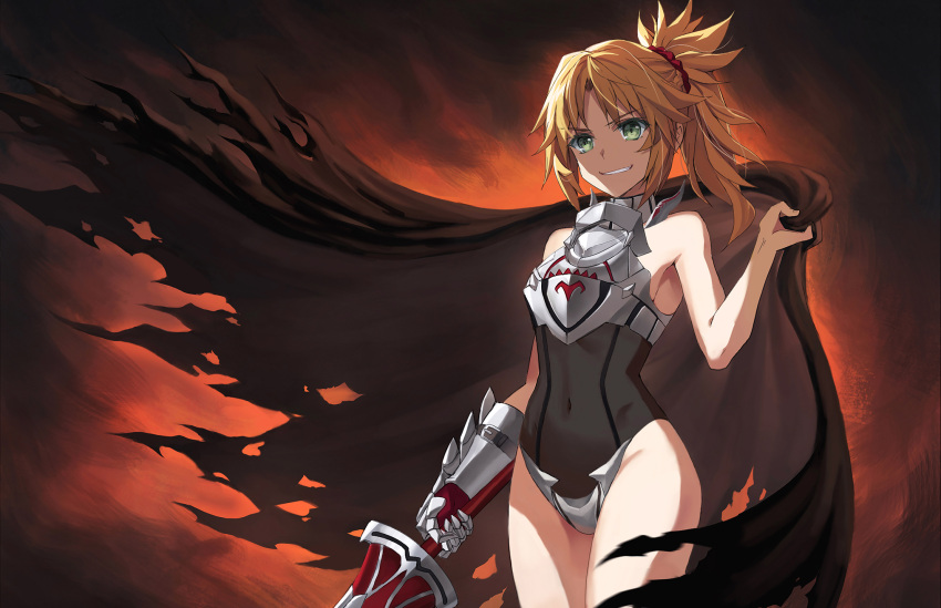 1girl armor bangs bare_shoulders black_legwear black_leotard blonde_hair braid breastplate breasts brown_cape cape clarent_(fate) covered_navel fate/apocrypha fate_(series) faulds french_braid green_eyes grin hair_ornament hair_scrunchie highres leotard long_hair looking_at_viewer mordred_(fate) mordred_(fate/apocrypha) navel parted_bangs ponytail scrunchie sidelocks small_breasts smile sword thigh-highs thighs tonee weapon
