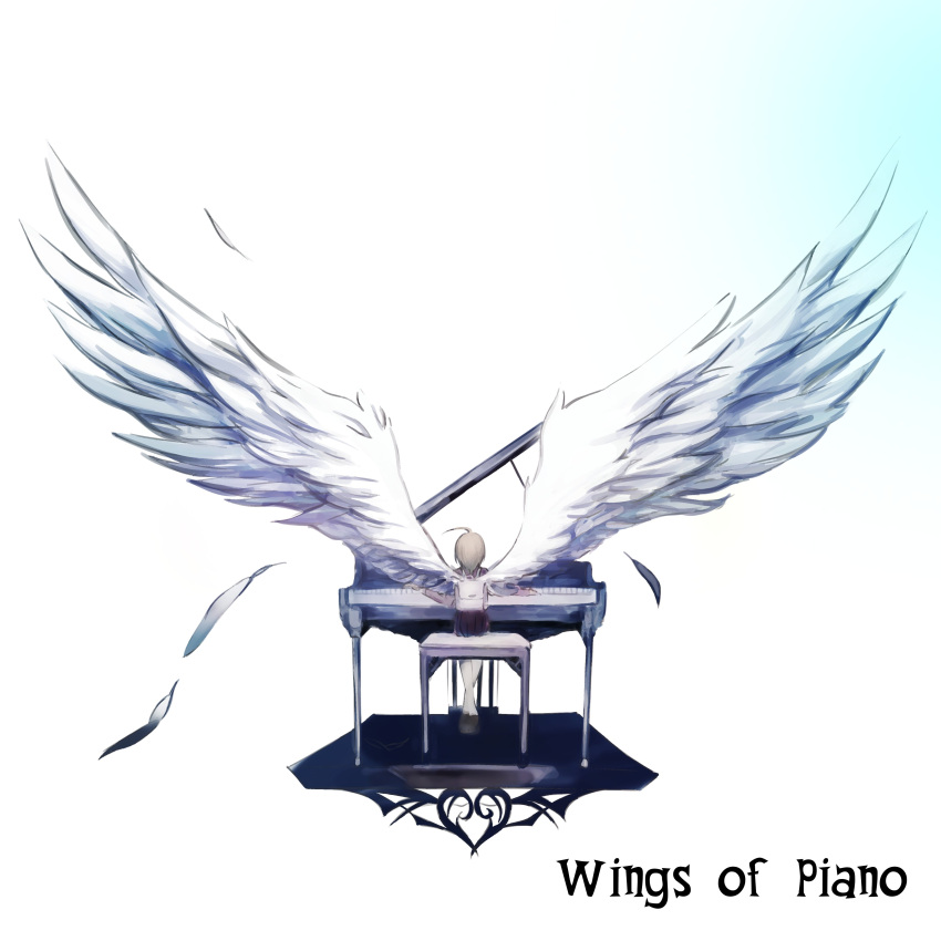 1girl absurdres ahoge akamatsu_kaede angel_wings backpack bag black_skirt blonde_hair commentary_request danganronpa_(series) danganronpa_v3:_killing_harmony deemo english_text feathered_wings from_behind highres hiiragi_(hiiragi_dgrp) instrument large_wings music piano playing_instrument shoes simple_background sitting skirt white_background white_wings wings