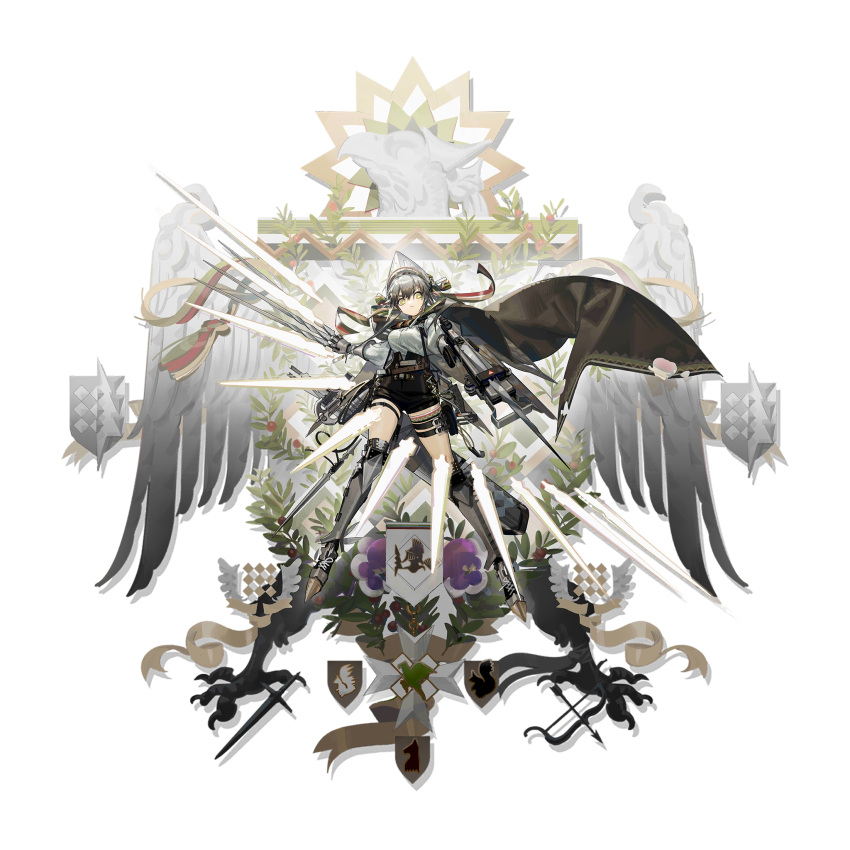 1girl arknights armor bangs black_shorts breasts elite_ii_(arknights) fartooth_(arknights) full_body greaves highres holding holding_weapon long_sleeves looking_at_viewer medium_breasts norizc official_art pouch shirt short_hair short_shorts shorts silver_hair solo standing thigh_strap thighs transparent_background weapon white_shirt yellow_eyes