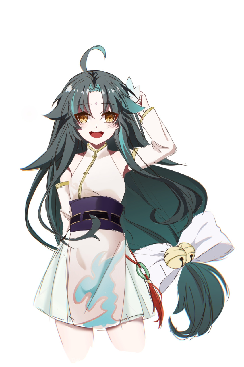 1girl absurdres ahoge arm_up arms_behind_back bangs bell belt black_hair bow chinese_clothes cowboy_shot detached_sleeves eyebrows_visible_through_hair facial_mark genderswap genderswap_(mtf) genshin_impact green_hair hair_bell hair_ornament highres jewelry long_hair looking_at_viewer multicolored_hair open_mouth pearl_(gemstone) smile tassel tied_hair white_background white_bow xiao_(genshin_impact) yellow_eyes