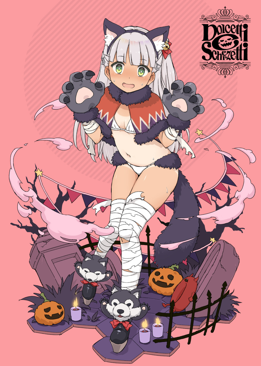 1girl 1other abyssal_ship aka_ringo animal_ears animal_hands bandaged_arm bandaged_leg bandages bell black_footwear blush candle enemy_lifebuoy_(kancolle) eyebrows_visible_through_hair fake_animal_ears full_body gloves green_eyes hair_bell hair_ornament halloween halloween_costume highres jack-o'-lantern jingle_bell kantai_collection long_hair maestrale_(kancolle) navel open_mouth paw_gloves pink_background silver_hair tail tan tanlines tombstone wolf_ears wolf_paws wolf_tail