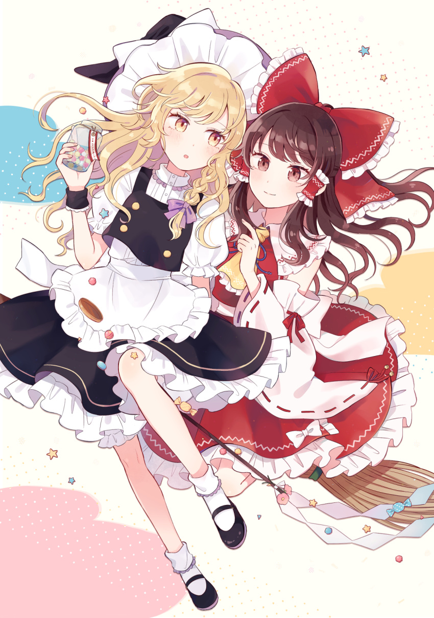 2girls ascot bangs black_footwear black_headwear black_skirt black_vest blonde_hair blush bobby_socks bow braid broom brown_eyes brown_hair container detached_sleeves dotted_background frilled_shirt_collar frilled_skirt frills gohei hair_bow hair_tubes hakurei_reimu hat hat_ribbon highres kirisame_marisa long_hair mary_janes mozukuzu_(manukedori) multiple_girls nontraditional_miko puffy_short_sleeves puffy_sleeves red_bow red_ribbon red_skirt red_vest ribbon ribbon-trimmed_sleeves ribbon_trim shirt shoes short_sleeves sidelocks single_braid skirt smile socks touhou vest white_background white_ribbon white_shirt wide_sleeves witch_hat yellow_eyes yellow_neckwear