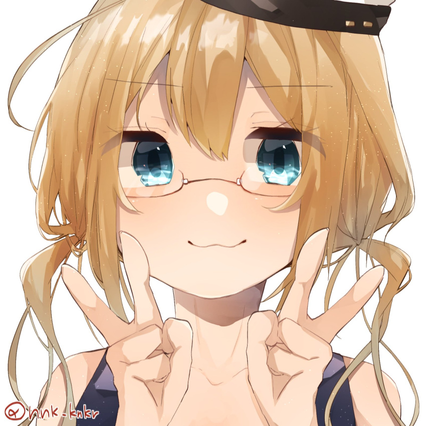 1girl :3 bangs black_swimsuit blonde_hair blue_eyes blush double_v eyebrows_visible_through_hair glasses hair_between_eyes hat highres i-8_(kancolle) kantai_collection long_hair looking_at_viewer low_twintails nonko_(nnk_knkr) one-hour_drawing_challenge one-piece_swimsuit red-framed_eyewear sidelocks simple_background smile solo swimsuit twintails twitter_username v white_background