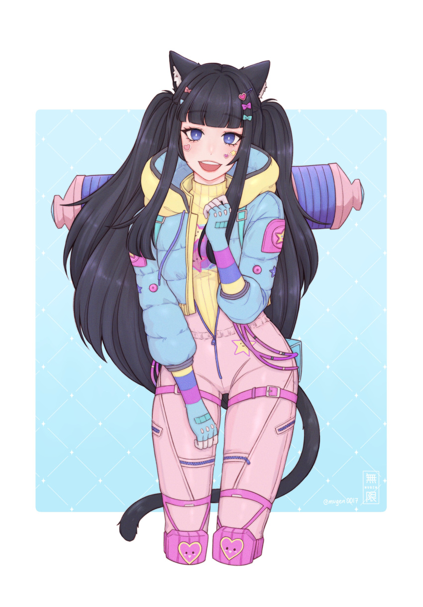 1girl :d absurdres animal_ears apex_legends backpack bag black_hair blue_gloves blue_jacket cat_ears cat_tail character_request commission down_jacket facial_mark fingerless_gloves gloves hand_up heart heart_facial_mark highres jacket knee_pads long_sleeves looking_at_viewer mugen0017 pants pink_pants smile solo star_(symbol) star_facial_mark tail two_side_up violet_eyes