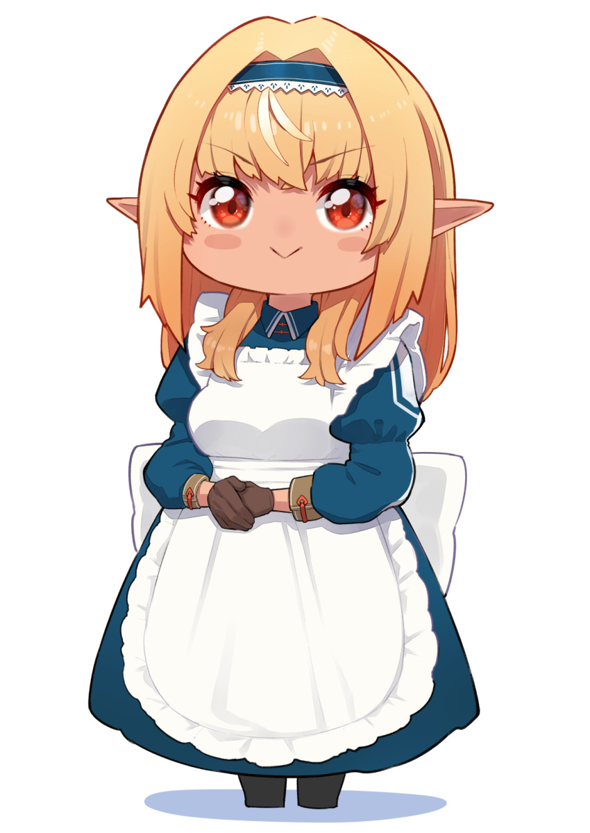 1girl :&gt; alternate_costume apron black_legwear blonde_hair blue_dress blush blush_stickers brown_gloves collared_dress dark-skinned_female dark_skin dress enmaided full_body gloves hair_intakes hairband highres hololive juliet_sleeves long_dress long_hair long_sleeves looking_at_viewer maid maid_apron mikan_(chipstar182) own_hands_together pantyhose puffy_sleeves red_eyes sanpaku shiranui_flare simple_background smile solo standing white_apron white_background