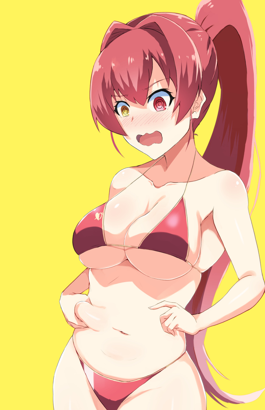 1girl @_@ a-kiraa_(whisper) absurdres bangs belly belly_grab bikini blush breasts collarbone eyebrows_visible_through_hair full-face_blush heterochromia highres hololive houshou_marine long_hair looking_down medium_breasts navel open_mouth ponytail red_bikini red_eyes redhead skindentation solo stomach swimsuit very_long_hair virtual_youtuber wavy_mouth yellow_background yellow_eyes