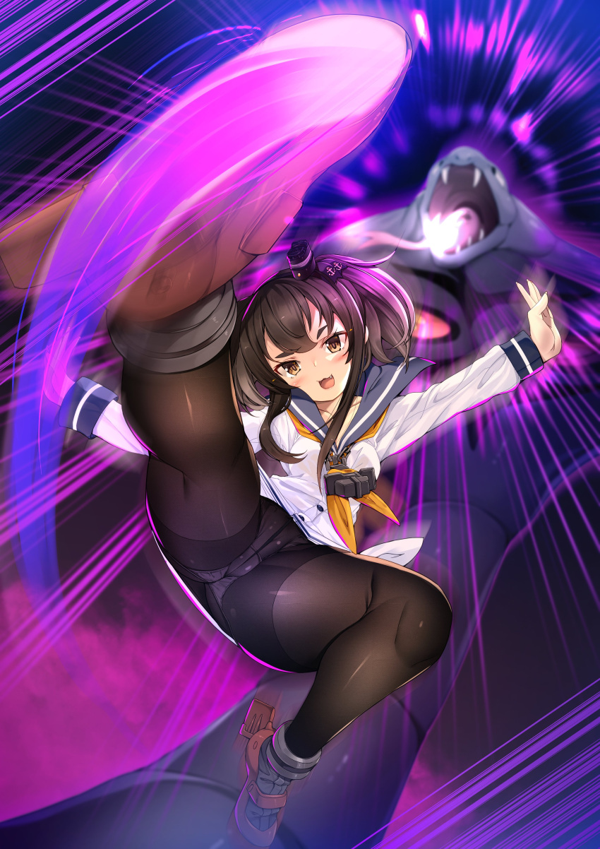1girl :3 absurdres anchor_symbol arbok bangs black_hair black_legwear blue_sailor_collar blurry blush breasts brown_eyes collarbone commentary_request crossover dress fang fangs foreshortening grey_hair hat head_tilt highres kamen_rider kamen_rider_ryuki_(series) kantai_collection kicking legs long_sleeves looking_at_viewer medium_breasts mini_hat motion_blur motion_lines multicolored_hair neckerchief open_mouth outstretched_arms panties panties_under_pantyhose pantyhose pokemon pokemon_(creature) purple_background rudder_footwear sailor_collar sailor_dress shirt short_hair_with_long_locks sidelocks smokestack_hair_ornament spread_arms thighband_pantyhose tied_shirt tokitsukaze_(kancolle) tongue torisan underwear upskirt white_dress yellow_neckwear