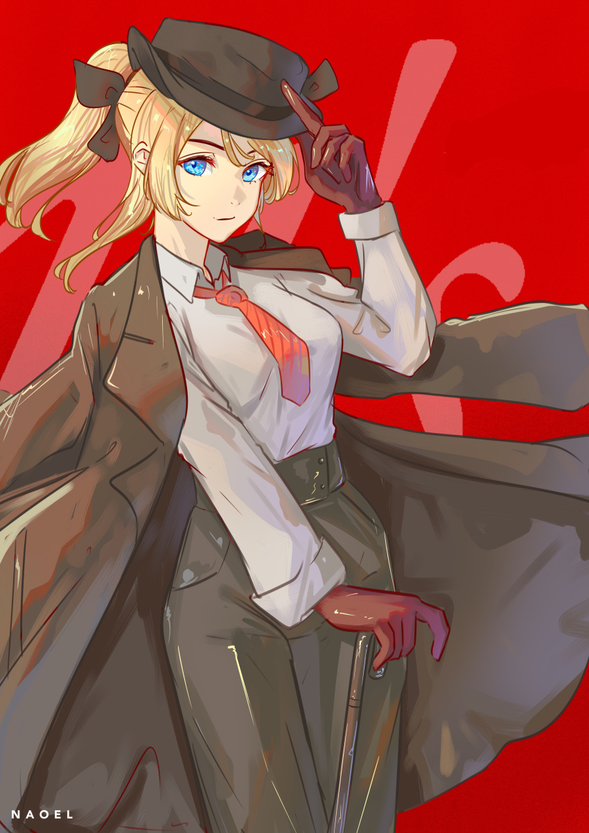 1girl absurdres alternate_costume artist_name ayase_eli black_bow blonde_hair blue_eyes bow brown_gloves cane gloves hand_on_headwear hat highres jacket jacket_on_shoulders looking_at_viewer love_live! naoel_(naoel_art) necktie pants ponytail red_eyes red_neckwear shirt solo white_shirt