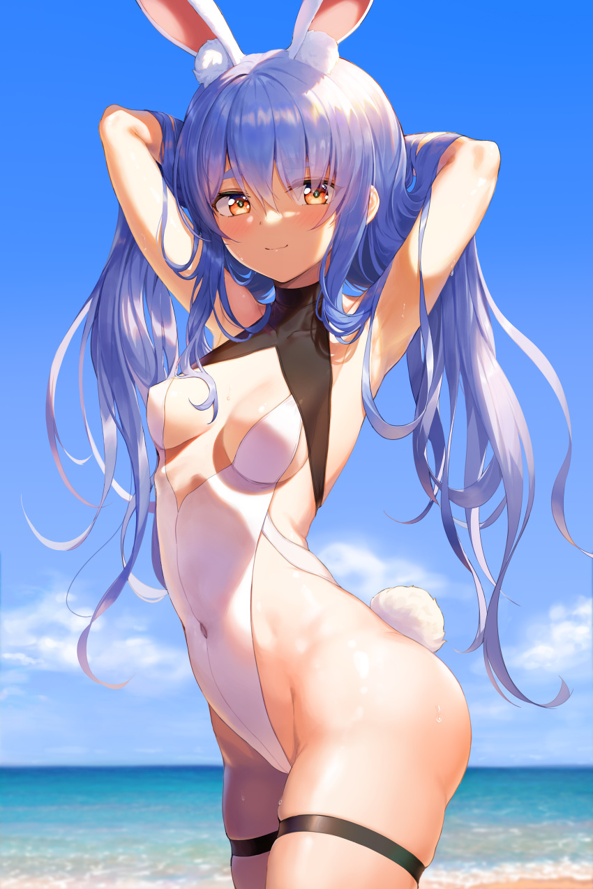 1girl absurdres animal_ears arms_up bare_shoulders beach blue_hair blue_sky blush breasts casual_one-piece_swimsuit center_opening covered_navel day hair_down highleg highleg_swimsuit highres hololive kokono_(kokonokami) long_hair looking_at_viewer medium_breasts navel ocean one-piece_swimsuit orange_eyes outdoors rabbit_ears rabbit_girl rabbit_tail sand shiny shiny_hair shiny_skin sky smile solo standing swimsuit tail thigh_strap usada_pekora virtual_youtuber wet white_swimsuit