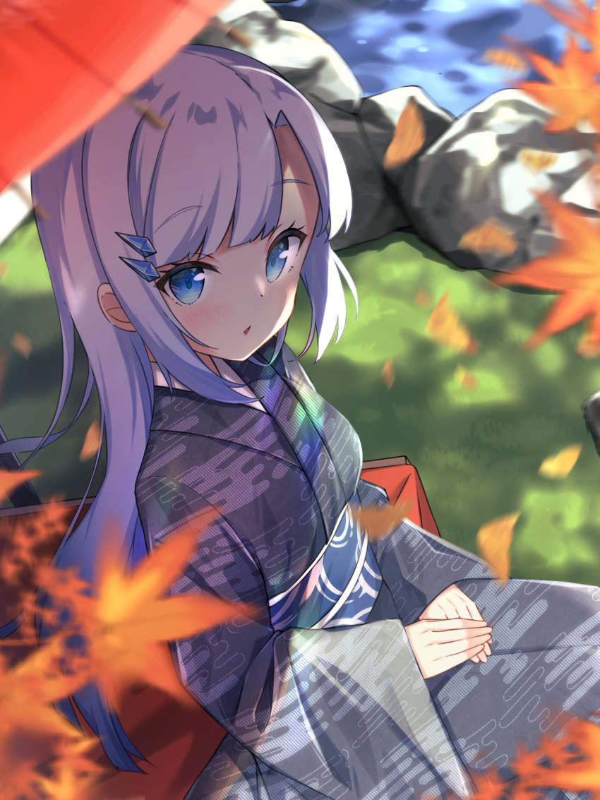 1girl autumn_leaves bangs blue_eyes blurry blurry_background blurry_foreground blush commentary_request copyright_request day depth_of_field egasumi eyebrows_visible_through_hair grey_kimono hair_ornament hairclip highres japanese_clothes kimono leaf long_hair long_sleeves looking_at_viewer maple_leaf mimura_zaja obi oil-paper_umbrella outdoors parted_bangs parted_lips print_kimono red_umbrella sash silver_hair sitting sleeves_past_wrists solo umbrella very_long_hair water wide_sleeves