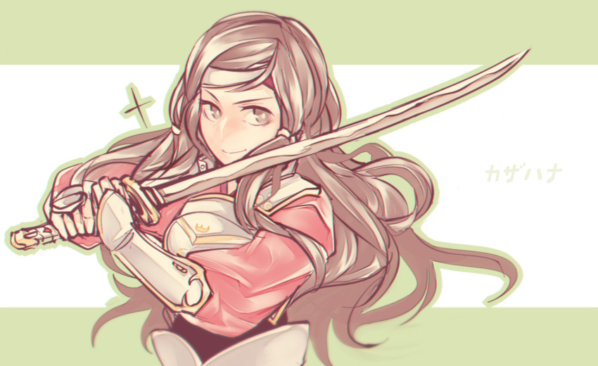 1girl armor bangs brown_hair fire_emblem fire_emblem_fates green_background hana_(fire_emblem) headband highres holding holding_sword holding_weapon long_hair looking_at_viewer solo sword two-tone_background upper_body vento weapon white_background