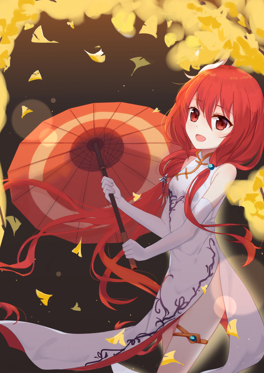 1girl :d bangs china_dress chinese_clothes dress elbow_gloves fufumi gloves hair_between_eyes hair_ornament highres holding holding_umbrella honkai_(series) honkai_impact_3rd jingwei_(honkai_impact) leaf long_hair looking_at_viewer no_panties oil-paper_umbrella open_mouth petals red_eyes redhead sleeveless sleeveless_dress smile solo umbrella white_dress white_gloves