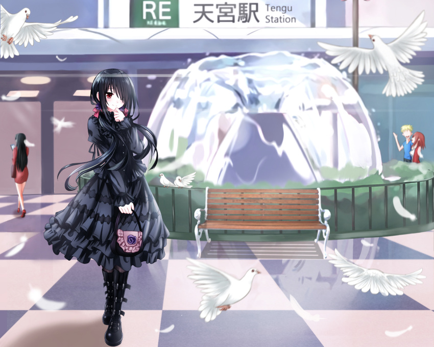 1boy 3girls bag belt_boots bench bird black_dress black_footwear black_hair blurry blush boots checkered checkered_floor couple date_a_live day dress finger_to_mouth finger_to_own_chin fountain full_body hair_over_one_eye handbag highres looking_at_viewer low_twintails multiple_girls outdoors red_eyes smile solo_focus standing tokisaki_kurumi tsubasaki twintails water