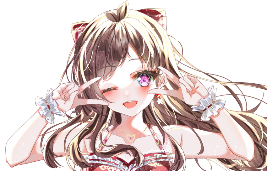 1girl ;d absurdres antenna_hair blush bow brown_hair double_v earrings ebimau eyebrows_visible_through_hair floating_hair frilled_cuffs hair_bow heart heart_earrings heart_necklace highres idol idolmaster idolmaster_cinderella_girls idolmaster_cinderella_girls_starlight_stage jewelry looking_at_viewer one_eye_closed open_mouth round_teeth simple_background smile solo teeth tsujino_akari upper_body v white_background wrist_cuffs