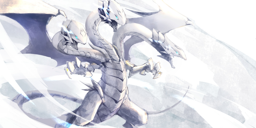 blue-eyes_ultimate_dragon dragon duel_monster glowing glowing_eyes green_eyes grey_background highres multiple_heads no_humans open_mouth rx7649 sharp_teeth standing teeth wings yu-gi-oh!