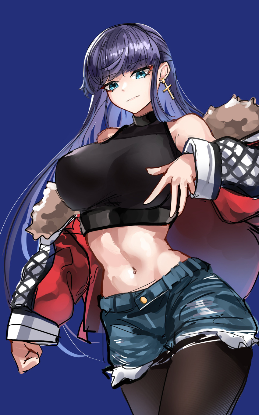1girl absurdres blue_eyes breasts casul crop_top cross cross_earrings denim denim_shorts earrings eyebrows_visible_through_hair fate/grand_order fate_(series) fur_collar highres jacket jacket_partially_removed jewelry large_breasts long_hair looking_at_viewer martha_(fate) pantyhose purple_background purple_hair red_jacket shirt shorts simple_background sleeveless sleeveless_shirt solo