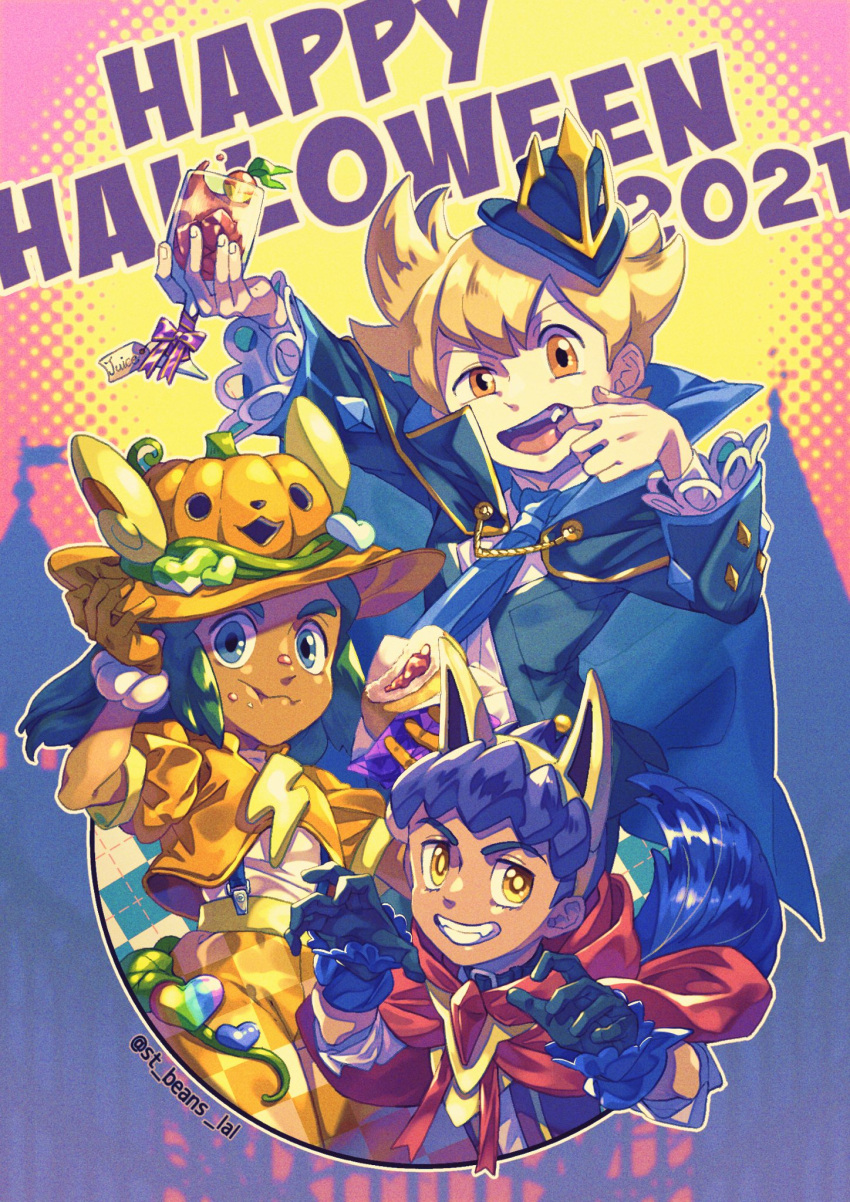 2021 3boys barry_(pokemon) capelet closed_mouth commentary_request cup dark-skinned_male dark_skin food food_on_face gloves grin happy_halloween hat hau_(pokemon) highres holding holding_cup hop_(pokemon) komame_(st_beans) male_focus mouth_pull multiple_boys open_mouth orange_headwear pokemon pokemon_(game) pokemon_dppt pokemon_ears pokemon_sm pokemon_swsh red_capelet shiny smile tail teeth tongue twitter_username upper_teeth