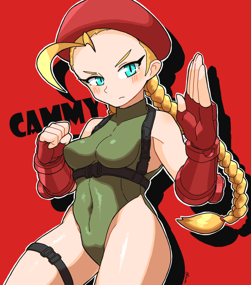 1girl absurdres ahoge blonde_hair blue_eyes braid breasts cammy_white character_name chest_harness cowboy_shot fingerless_gloves gloves green_leotard harness highleg highleg_leotard highres huge_ahoge leotard long_hair omura_zojiki pose red_gloves small_breasts solo street_fighter twin_braids