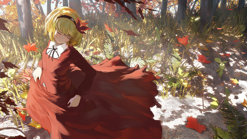 1girl aki_shizuha autumn autumn_leaves bangs black_bow black_hairband black_neckwear blonde_hair blouse bow bowtie closed_eyes closed_mouth collar collared_shirt commission english_commentary eyebrows_visible_through_hair grass hair_between_eyes hair_ornament hairband highres leaf leaf_hair_ornament light long_sleeves red_blouse red_skirt shadow shirt short_hair skirt sky smile solo standing sunlight teasmacker touhou tree white_shirt white_sky