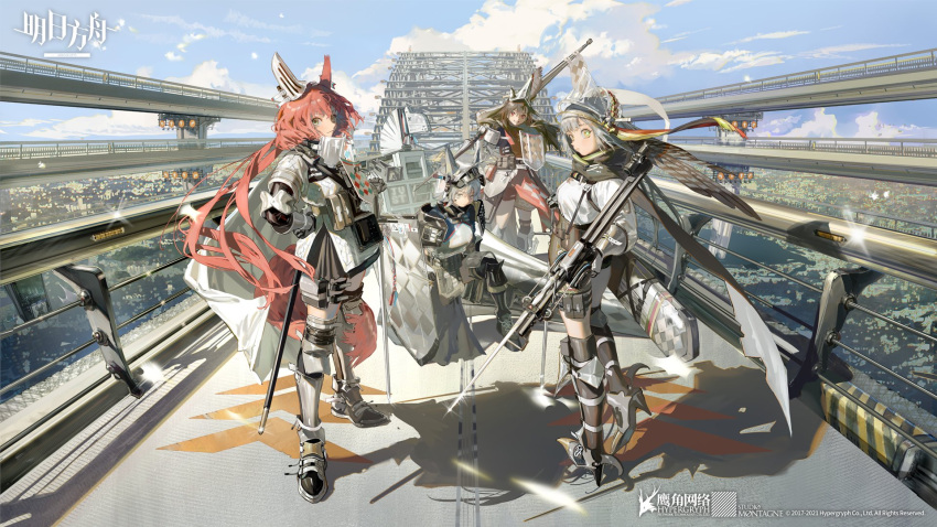 4girls animal_ears arm_guards armor armored_boots arrow_(projectile) ashlock_(arknights) bangs belt belt_pouch black_gloves black_legwear black_scarf black_shorts black_skirt boots bridge brown_hair character_request city closed_mouth commentary company_name copyright_name day dress ear_ornament elbow_gloves elbow_pads english_commentary fartooth_(arknights) faulds feather_hair flametail_(arknights) full_body glint gloves green_eyes hand_on_hip helmet highres holding holding_polearm holding_sword holding_weapon iwona_(arknights) knee_boots knee_pads lance long_hair long_sleeves looking_at_viewer mask mask_around_neck miniskirt multiple_girls official_art one_knee outdoors polearm ponytail pouch puffy_long_sleeves puffy_sleeves red_dress red_eyes scarf shield shirt shorts silver_hair skirt smile standing sword tail tamomoko thigh-highs thigh_pouch thigh_strap very_long_hair weapon white_shirt yellow_eyes