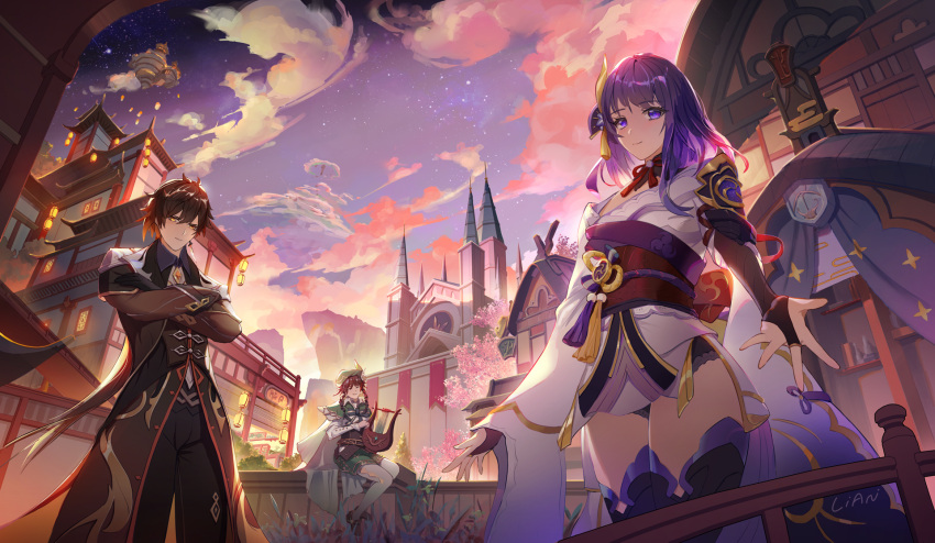 1girl 2boys blue_sky blurry building clouds cloudy_sky crossed_arms depth_of_field genshin_impact harp hat highres instrument japanese_clothes kimono lian2020 looking_at_viewer multiple_boys outdoors pants raiden_shogun scenery sky standing thigh-highs venti_(genshin_impact) zhongli_(genshin_impact)
