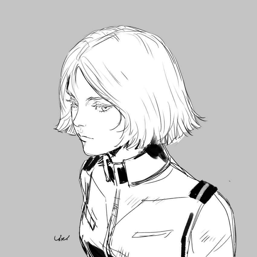 1girl breasts closed_mouth gundam highres looking_at_viewer military military_uniform mobile_suit_gundam monochrome sayla_mass short_hair simple_background solo umeno_ryuuji uniform