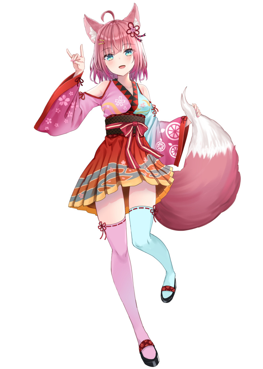 1girl :d ahoge akino_ell animal_ear_fluff animal_ears asymmetrical_legwear bangs bare_shoulders black_footwear blue_eyes blue_kimono blue_legwear blush breasts character_request clothing_cutout commentary_request eyebrows_visible_through_hair fox_ears fox_girl fox_shadow_puppet fox_tail full_body hair_ornament hairclip hakama hakama_short_skirt hakama_skirt hand_up highres indie_virtual_youtuber japanese_clothes kimono long_sleeves looking_at_viewer medium_breasts mismatched_legwear obi open_mouth pink_hair pink_kimono pink_legwear red_hakama ribbon-trimmed_legwear ribbon_trim sash shoes shoulder_cutout simple_background skirt smile solo standing standing_on_one_leg tail thigh-highs virtual_youtuber white_background wide_sleeves