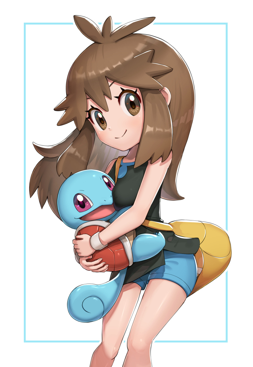 1girl bag bangs between_breasts black_shirt blue_(pokemon) blue_shorts breasts brown_eyes brown_hair closed_mouth commentary_request eyelashes framed gonzarez hair_flaps highres holding holding_pokemon knees long_hair pokemon pokemon_(creature) pokemon_(game) pokemon_lgpe shiny shiny_hair shiny_skin shirt short_shorts shorts shoulder_bag sidelocks sleeveless sleeveless_shirt smile squirtle strap_between_breasts white_background wristband yellow_bag