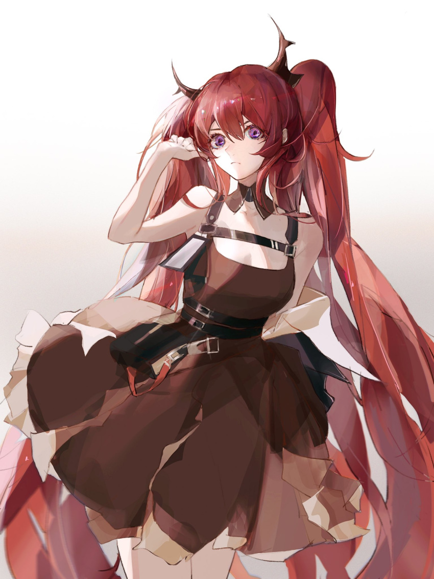 1girl alternate_hairstyle arknights arm_up bag bangs belt black_dress breasts closed_mouth detached_collar dress feet_out_of_frame highres horns long_hair looking_at_viewer medium_breasts nininisama redhead simple_background sleeveless sleeveless_dress solo standing surtr_(arknights) twintails very_long_hair violet_eyes white_background