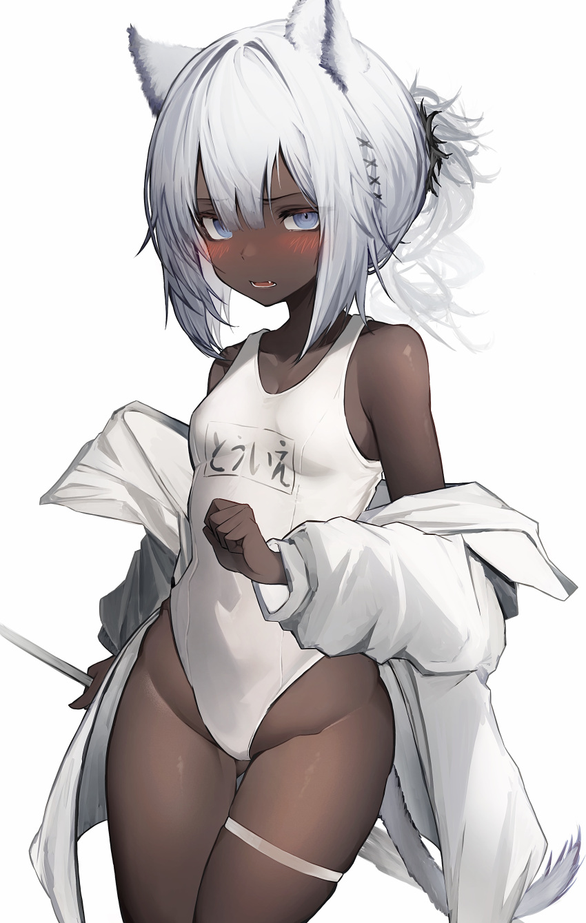 1girl absurdres animal_ears arknights blue_eyes blush breasts dark-skinned_female dark_skin hair_between_eyes highres one-piece_swimsuit short_hair simple_background small_breasts solo swimsuit tab_head tuye_(arknights) white_background white_hair white_swimsuit