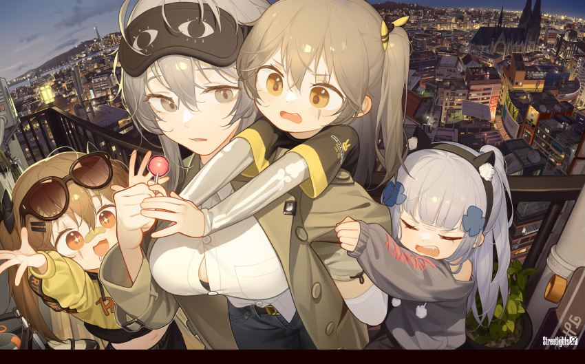 4girls absurdres bandaid bandaid_on_nose bangs black_hairband blunt_bangs breasts brown_hair candy carrying city cityscape closed_eyes coat eyewear_on_head food g11_(girls'_frontline) girls_frontline grey_eyes grey_hair hair_between_eyes hair_ornament hairband highres hk416_(girls'_frontline) holding holding_candy holding_food holding_lollipop large_breasts layered_sleeves lollipop long_hair long_sleeves multiple_girls night older open_mouth piggyback scar scar_across_eye shirt short_over_long_sleeves short_sleeves silver_hair sleeves_past_wrists thigh-highs tianliang_duohe_fangdongye ump45_(girls'_frontline) ump9_(girls'_frontline) white_legwear white_shirt yellow_eyes younger