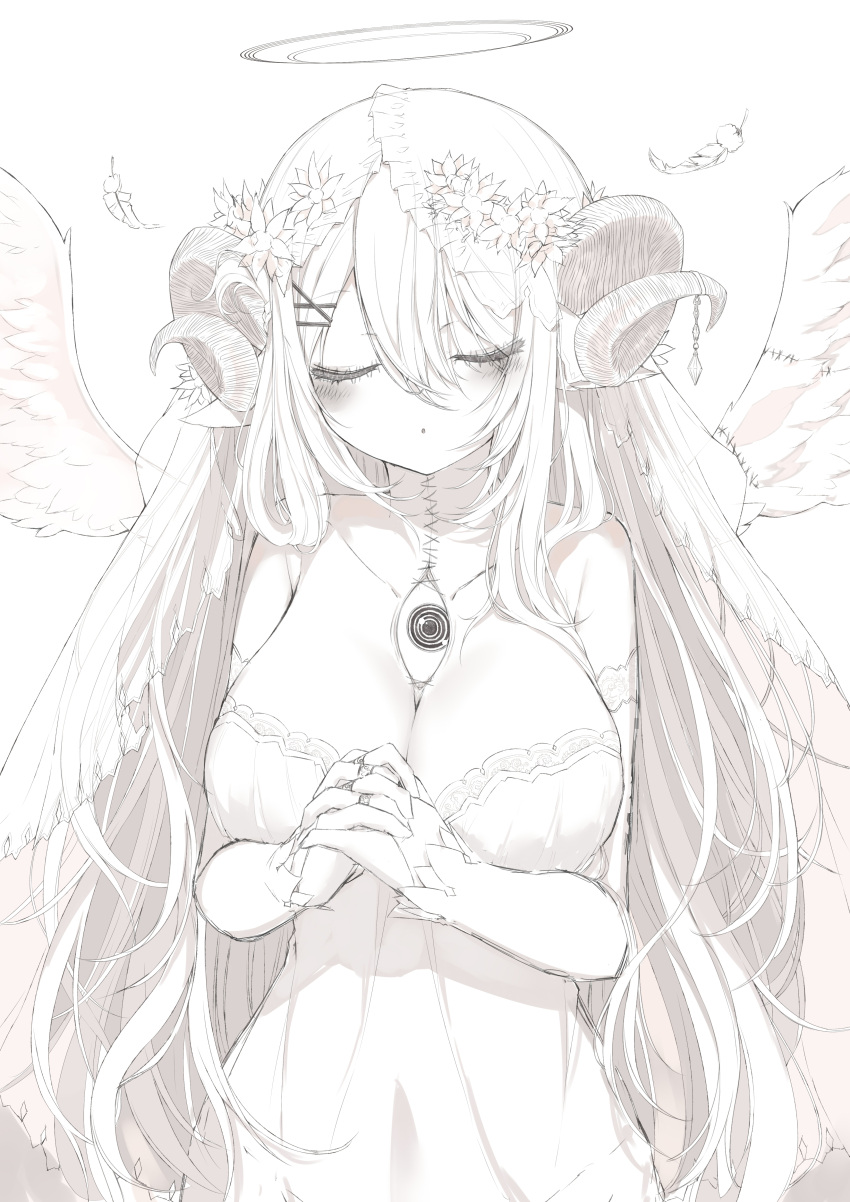 1girl :o absurdres angel_wings bangs bare_shoulders blush closed_eyes collarbone commentary_request curled_horns detached_sleeves dress eyebrows_visible_through_hair facing_viewer feathered_wings feathers flower greyscale hair_between_eyes hair_flower hair_ornament halo highres horns interlocked_fingers jewelry long_sleeves monochrome original own_hands_clasped own_hands_together parted_lips ring simple_background sleeves_past_wrists solo stitches strapless strapless_dress third_eye veil white_background wings yuui_hutabakirage